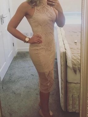 PrettyLittleThing Nude Lace High-Neck Midi Dress